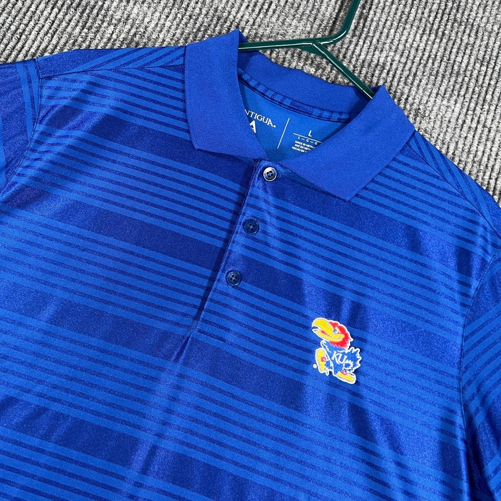 Kansas Jayhawks Polo Shirt Mens Large Blue Striped Short Sleeve Rock Chalk RCJH